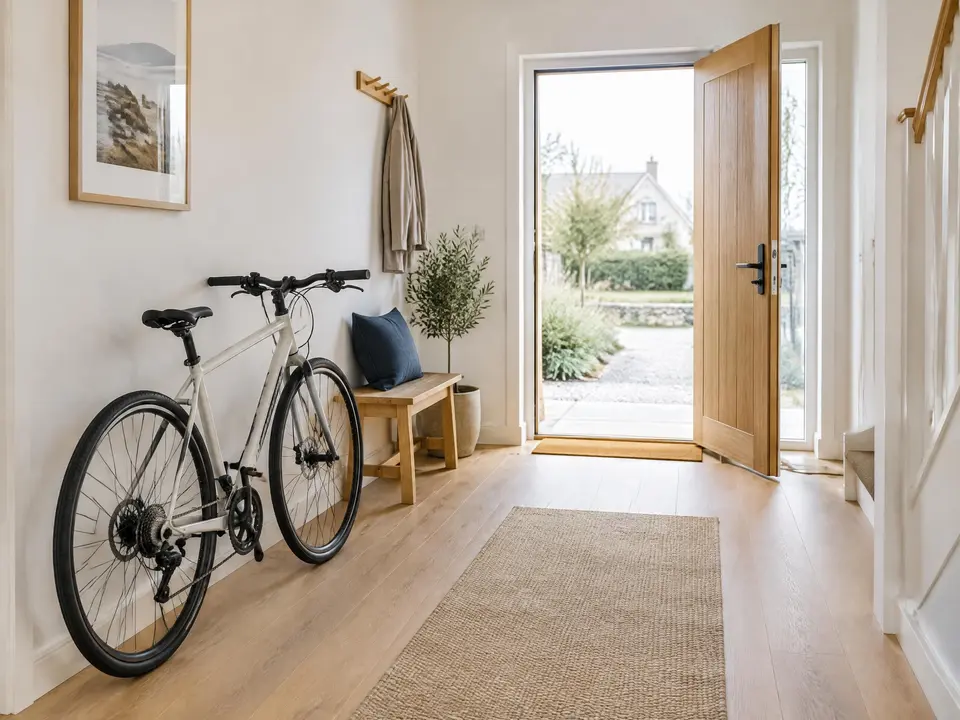 A tidy commuter bike leaning against a hallway wall by a front door