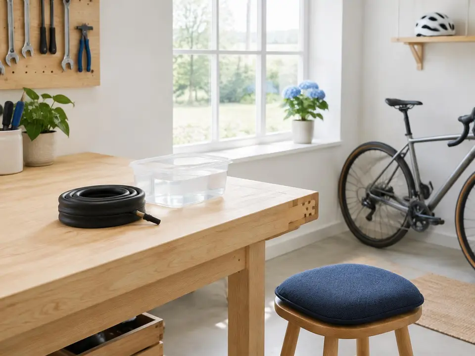 A coiled bike inner tube on a wooden workbench beside a tub of water