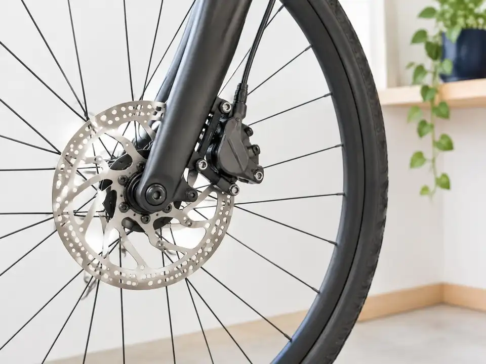 Close view of a bike disc brake rotor and caliper