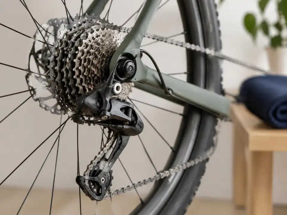 Close view of a bike's rear cassette and derailleur